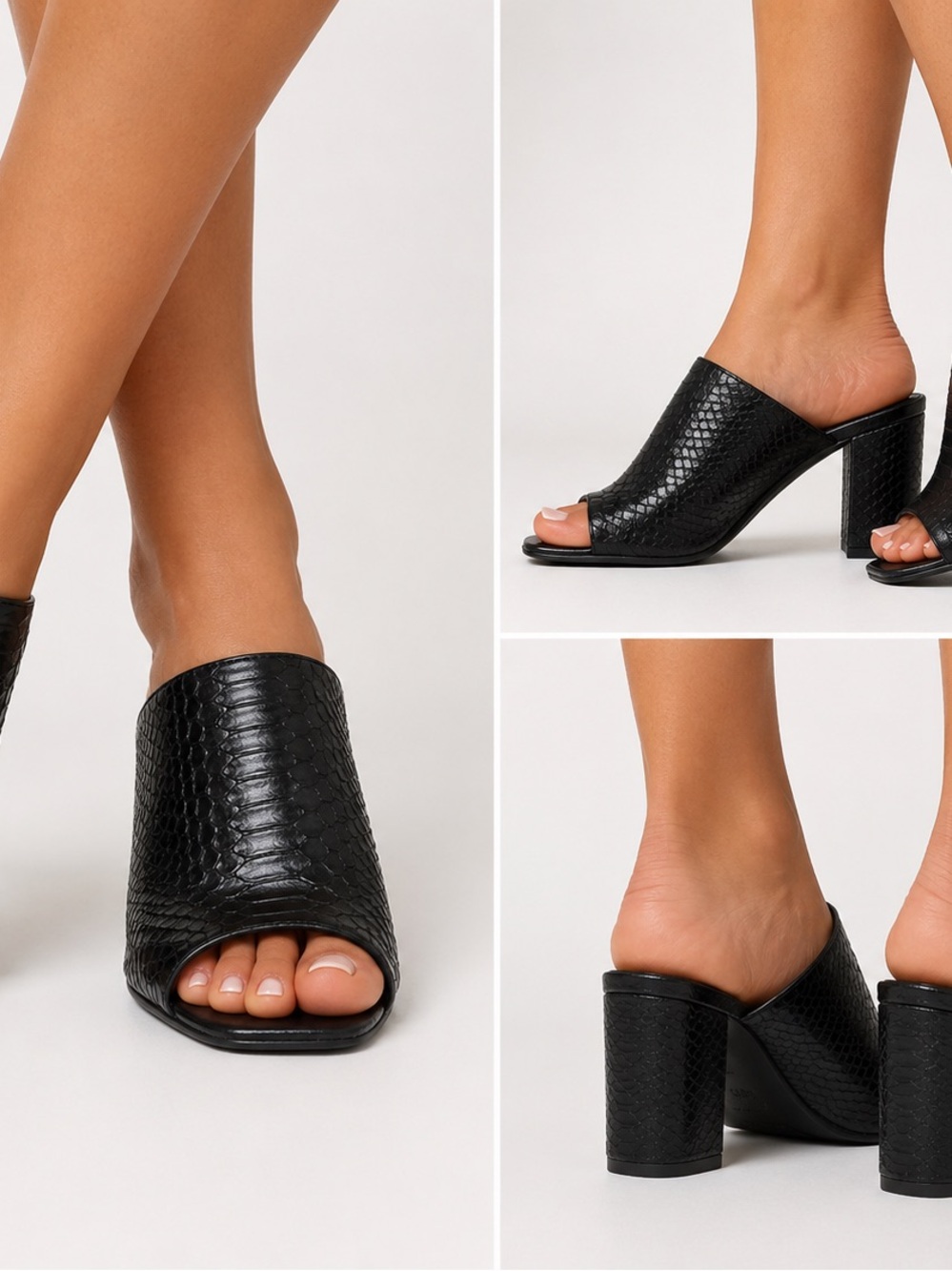 NWT Sho Shop Black Snakeskin Embossed Mule Heels – Chic Block Heel Sandals